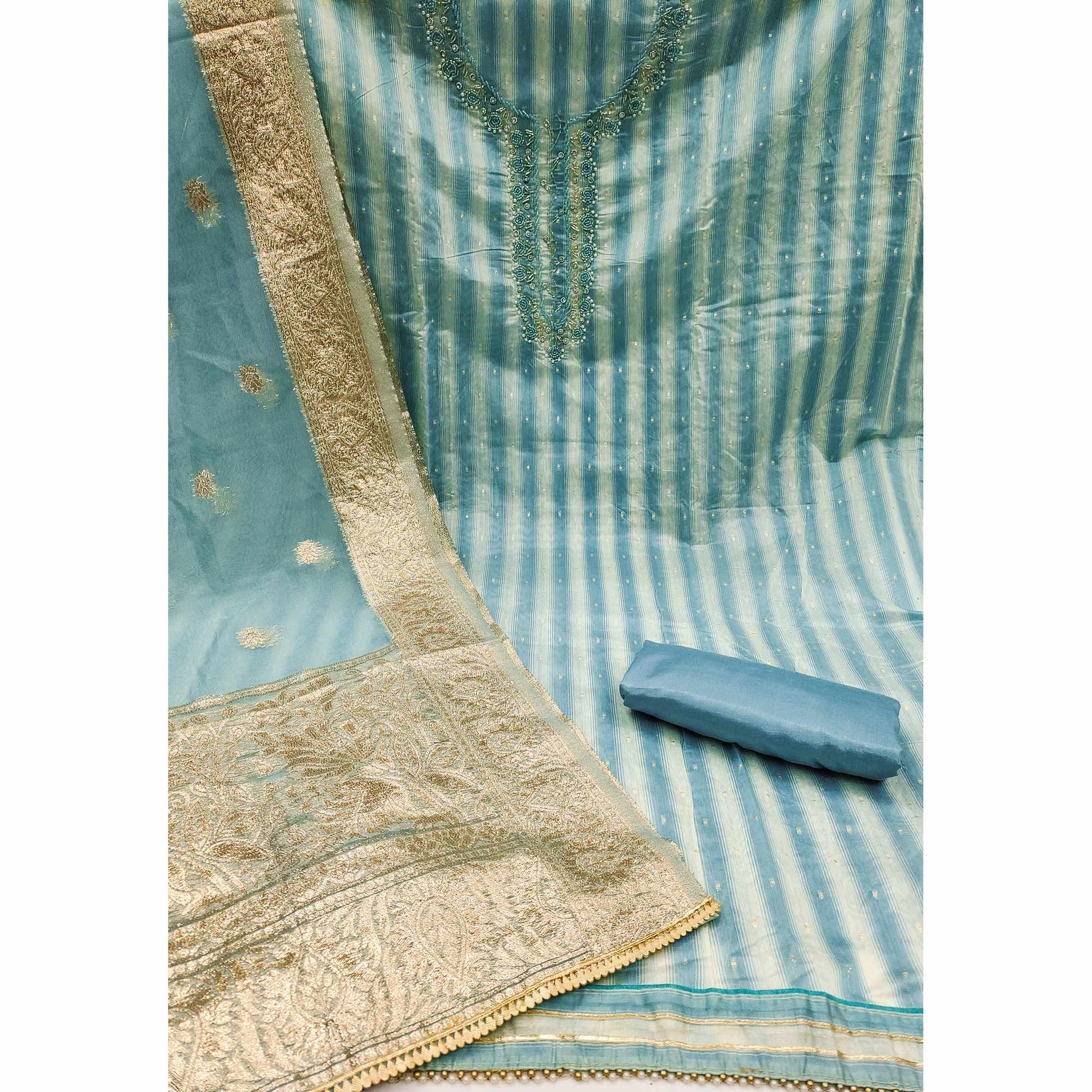Blue Woven Banarasi Silk Dress Material