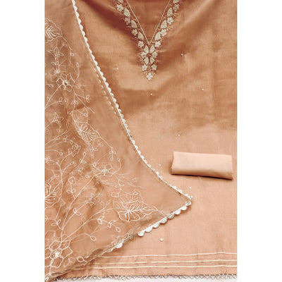 Dusty Peach Embroidered Moti Work Pure Cotton Dress Material