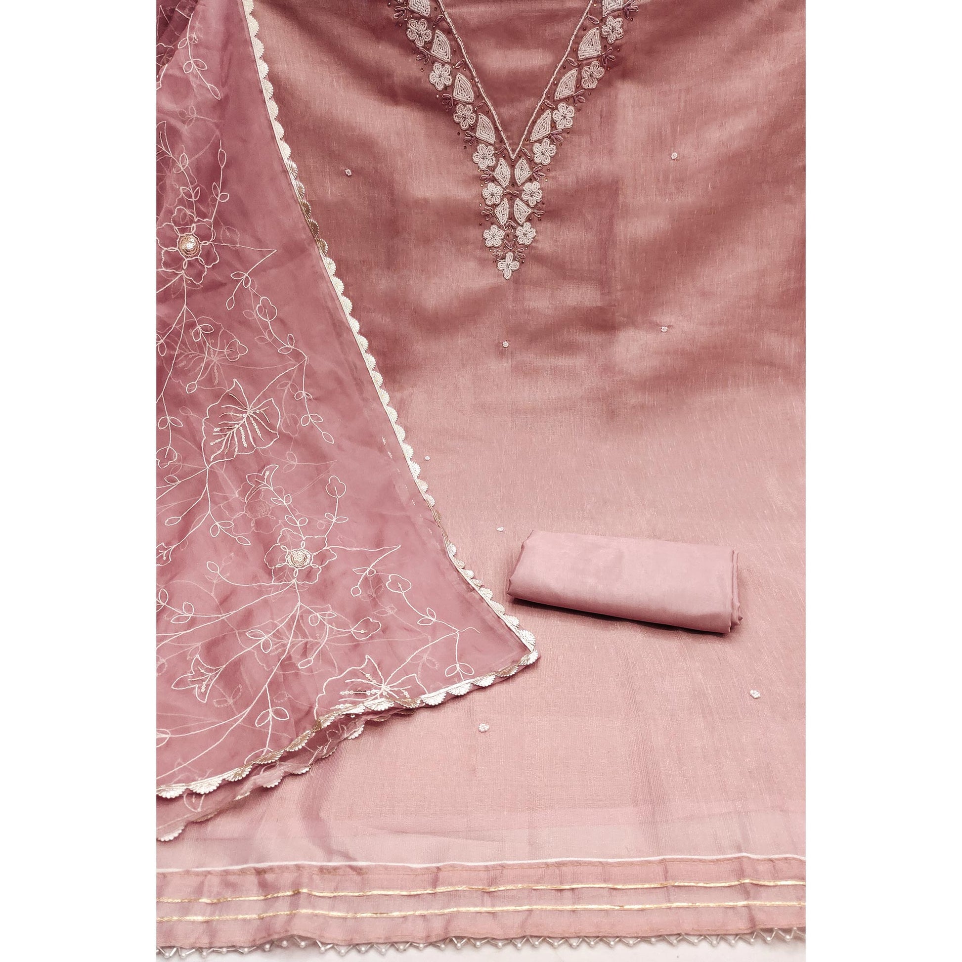 Mauve Embroidered Moti Work Pure Cotton Dress Material