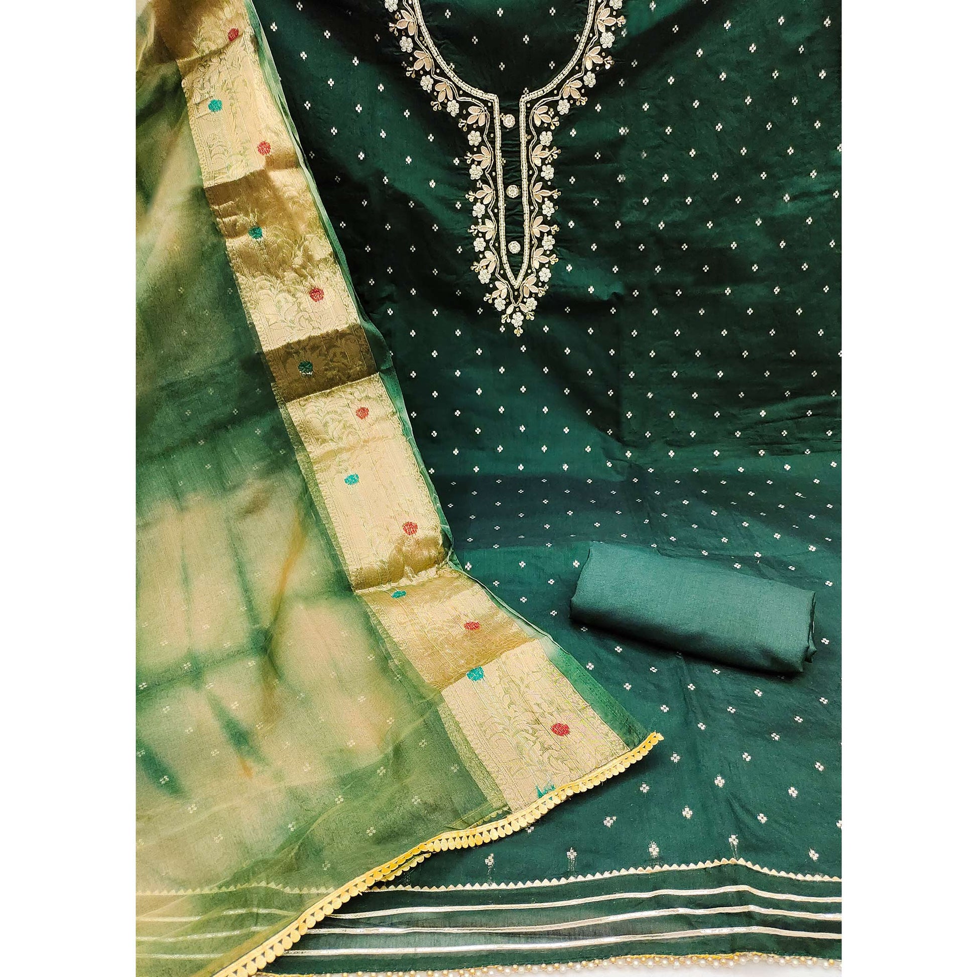 green-woven-with-handwork-chanderi-silk-dress-material