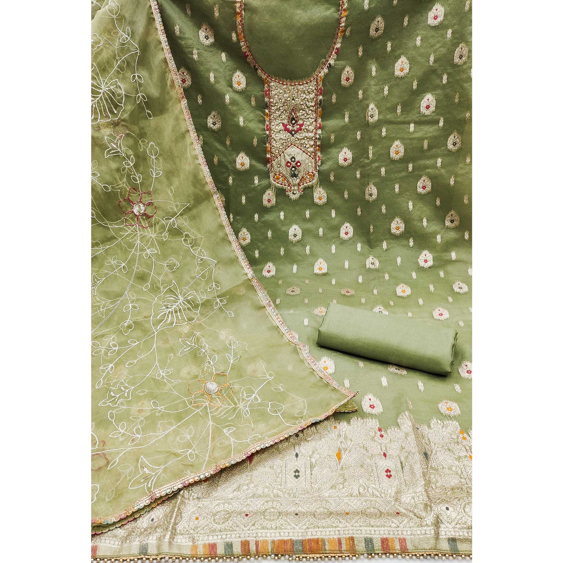 green-woven-with-handwork-organza-dress-material