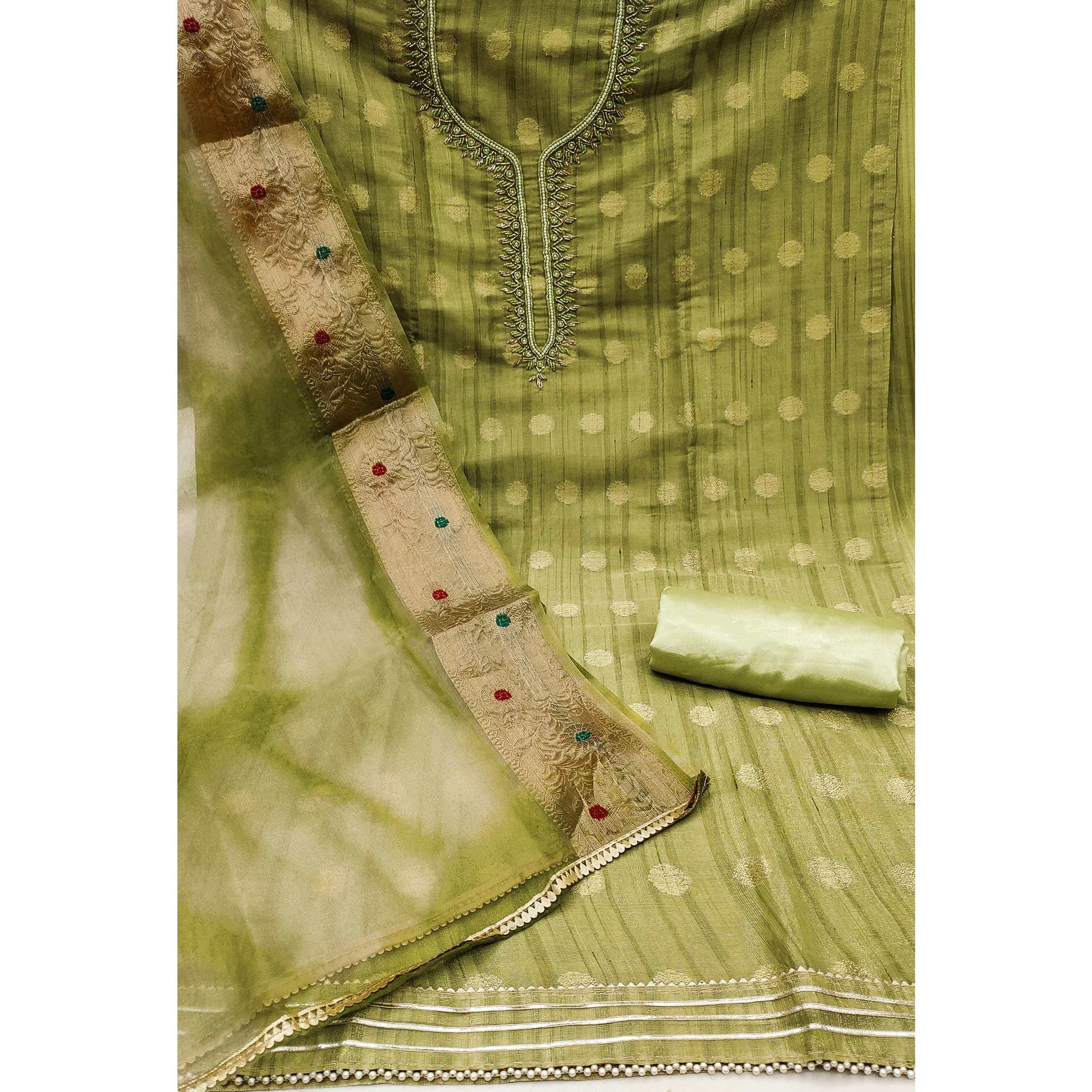 green-woven-chanderi-silk-dress-material