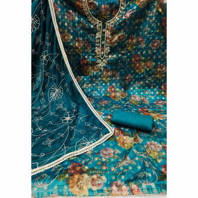 Morpich Floral Digital Printed With Moti Work Organza Dress Material