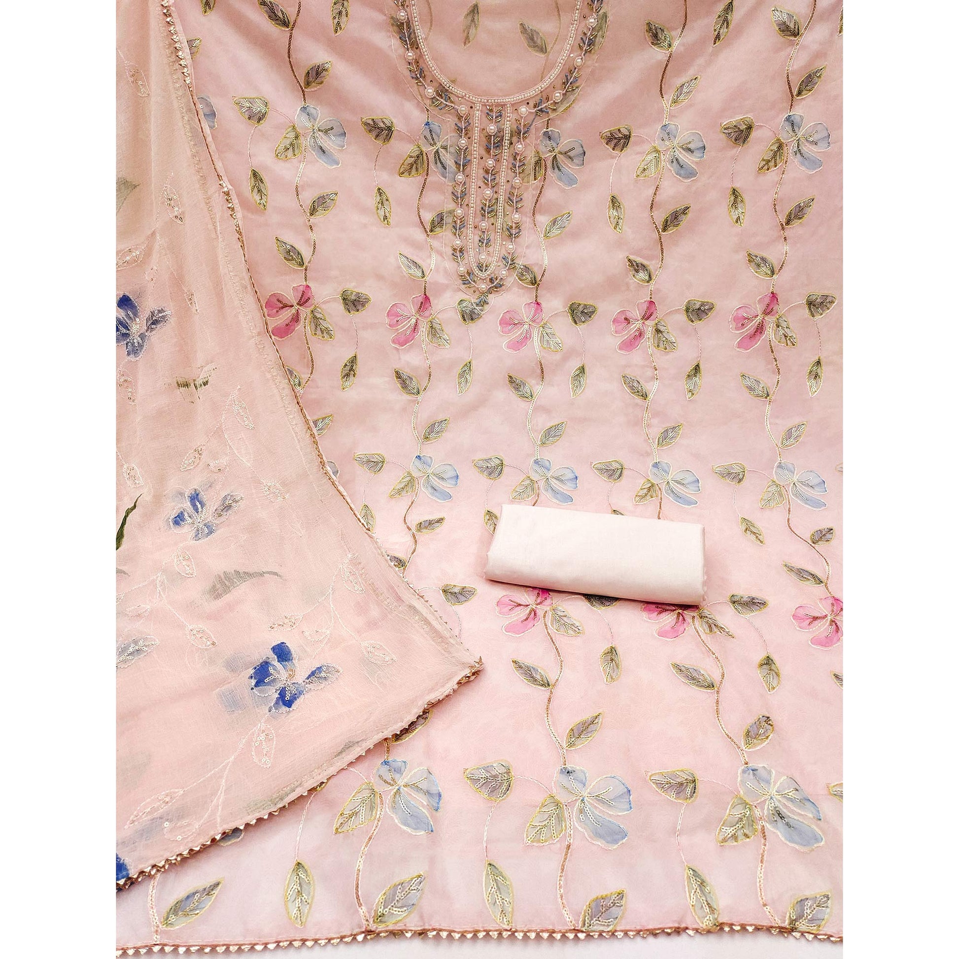 Light Peach Floral Printed Organza Dress Material