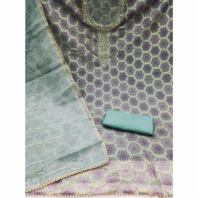 Grey Printed Organza Dress Material
