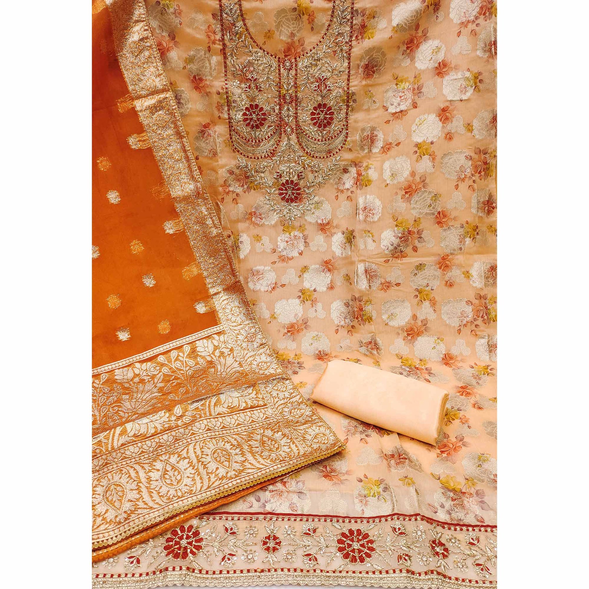Light Orange Floral Woven Banarasi Silk Dress Material