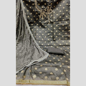 Grey Woven Banarasi Silk Dress Material
