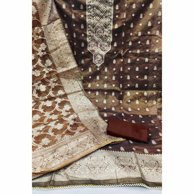 Dark Brown Woven Banarasi Silk Dress Material