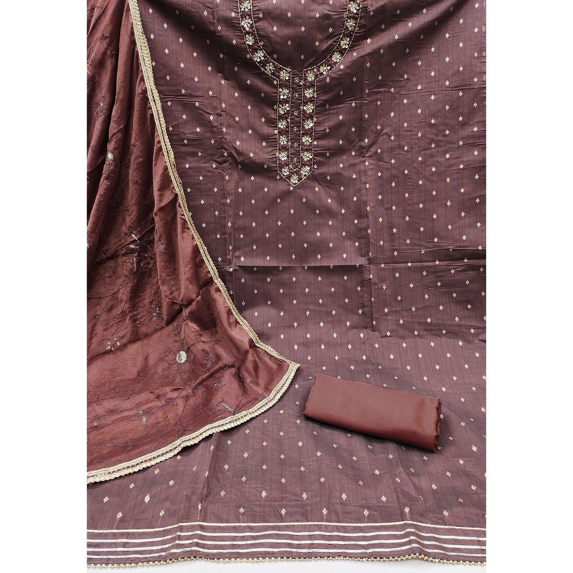 Brown Woven Chanderi Silk Dress Material
