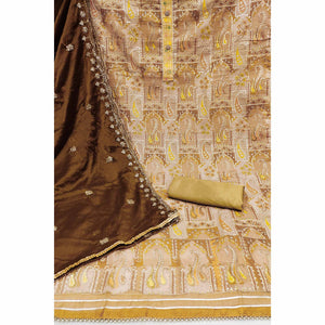 Brown Floral Embroidered With Printed Organza Dress Material