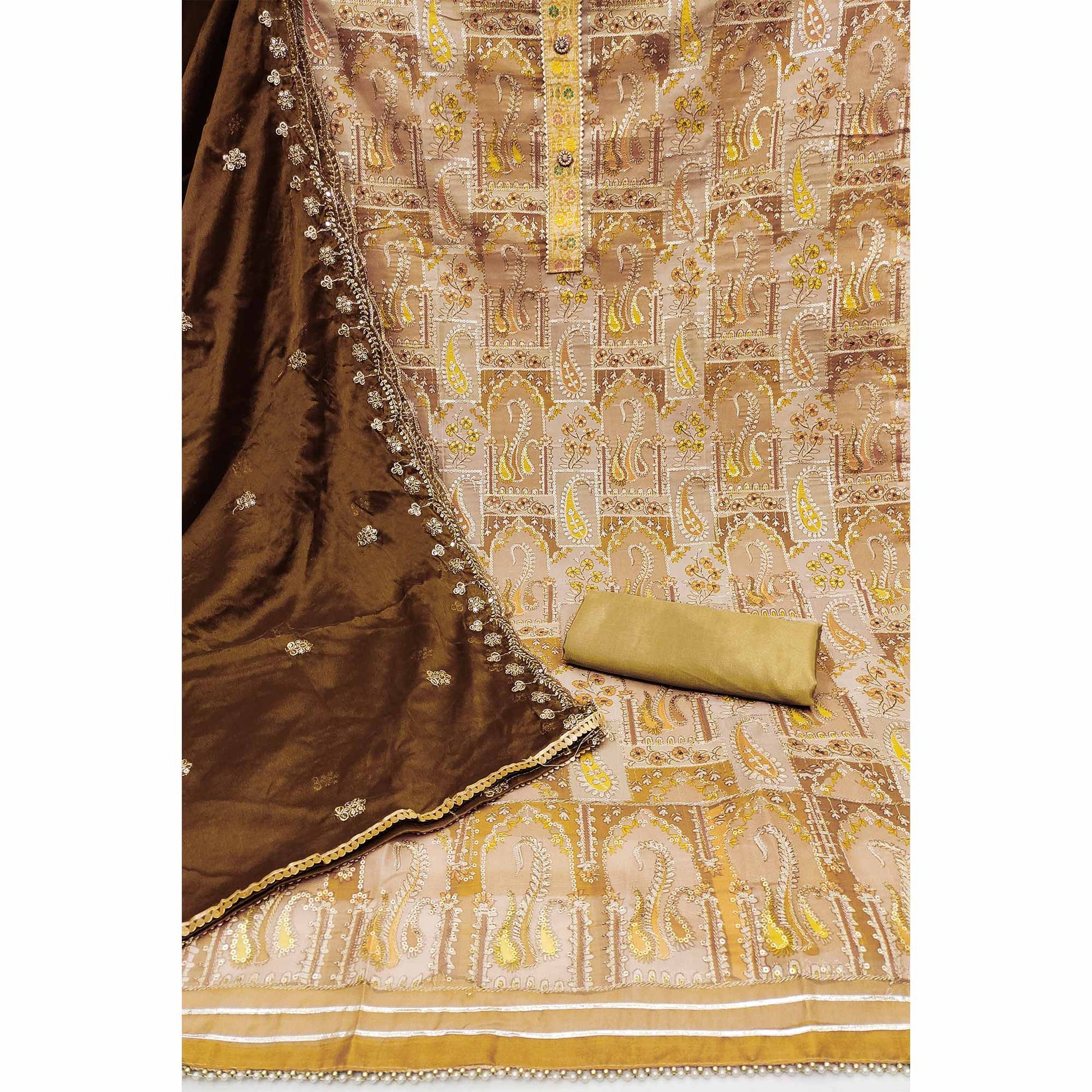 Brown Floral Embroidered With Printed Organza Dress Material