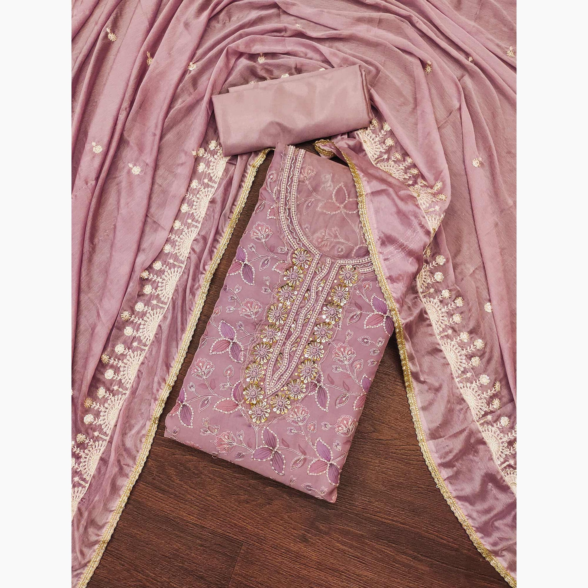 Mauve Floral Hand Embroidered Organza Dress Material