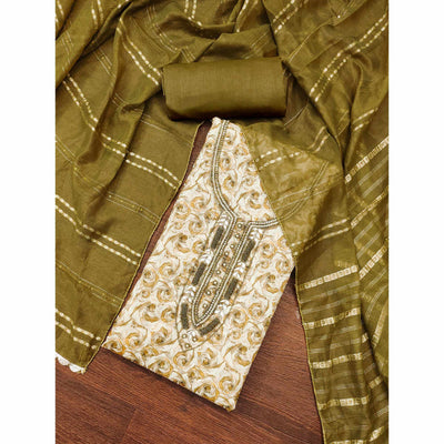 Mehendi Green Digital Printed With Hand Embroidered Muslin Dress Material