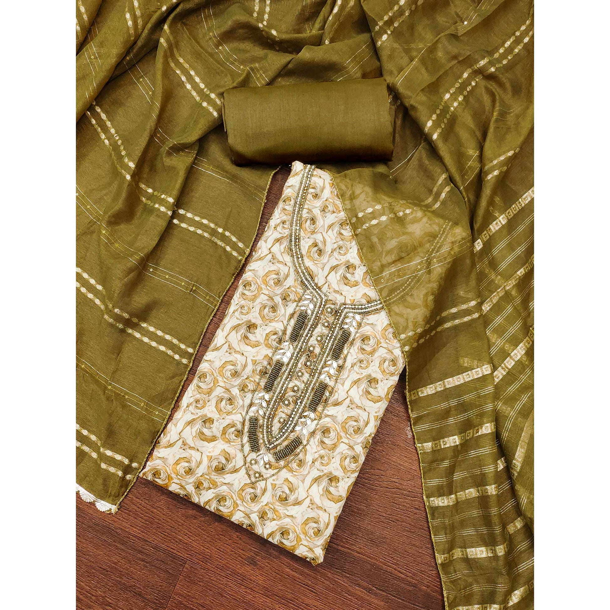 Mehendi Green Digital Printed With Hand Embroidered Muslin Dress Material
