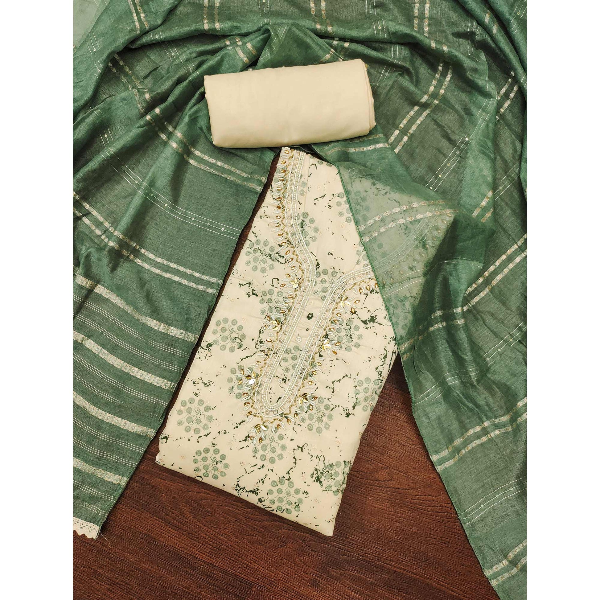 Cream & Green Digital Printed With Hand Embroidered Muslin Dress Material