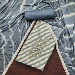 Grey Printed With Hand Embroidered Pure Cotton Dress Material