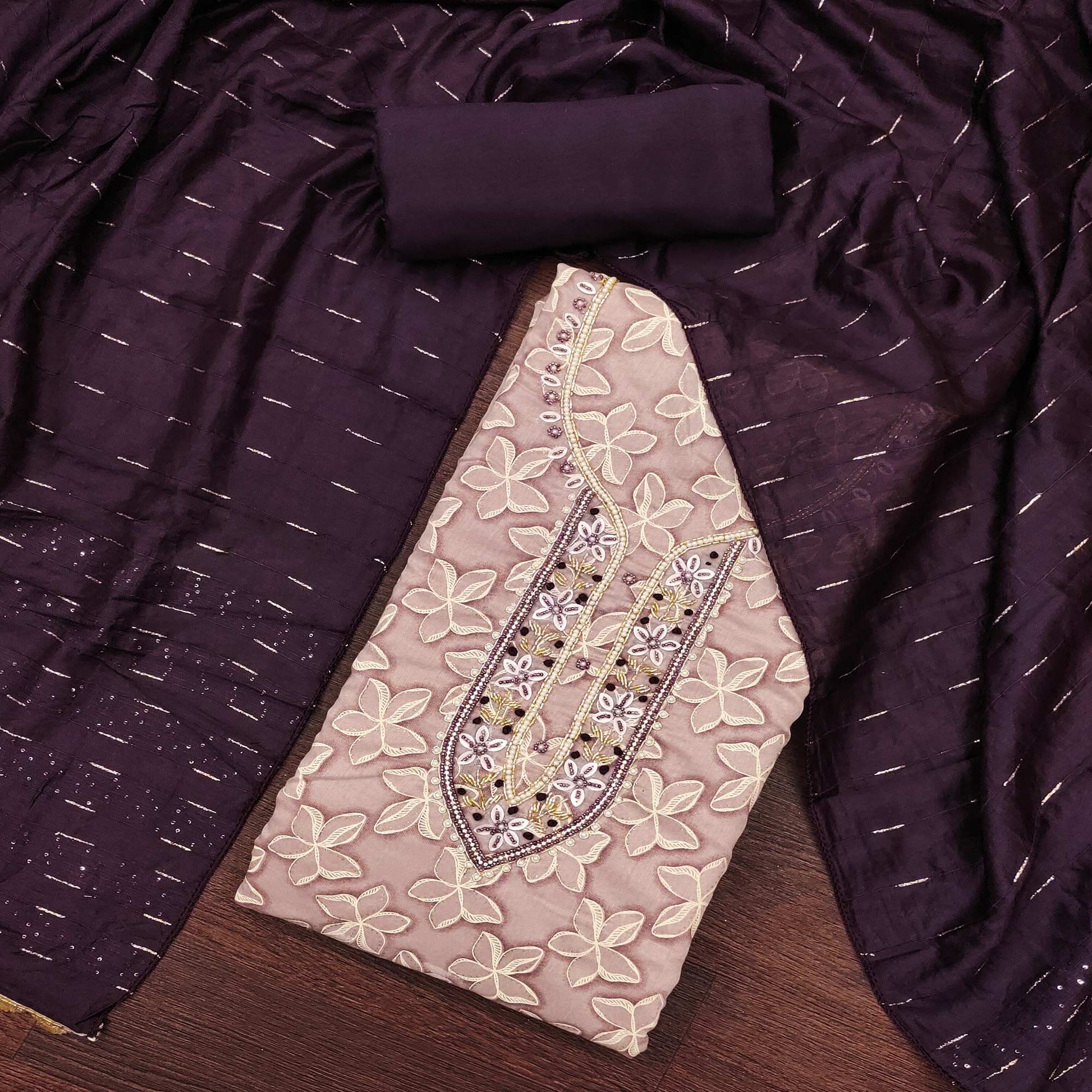 Light Mauve Floral Printed With Hand Embroidery Chanderi Dress Material