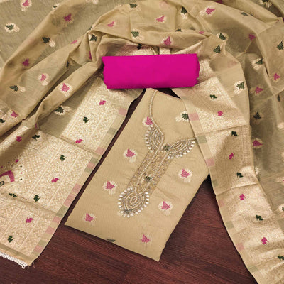 Chikoo Woven With Handwork Muslin Dress Material