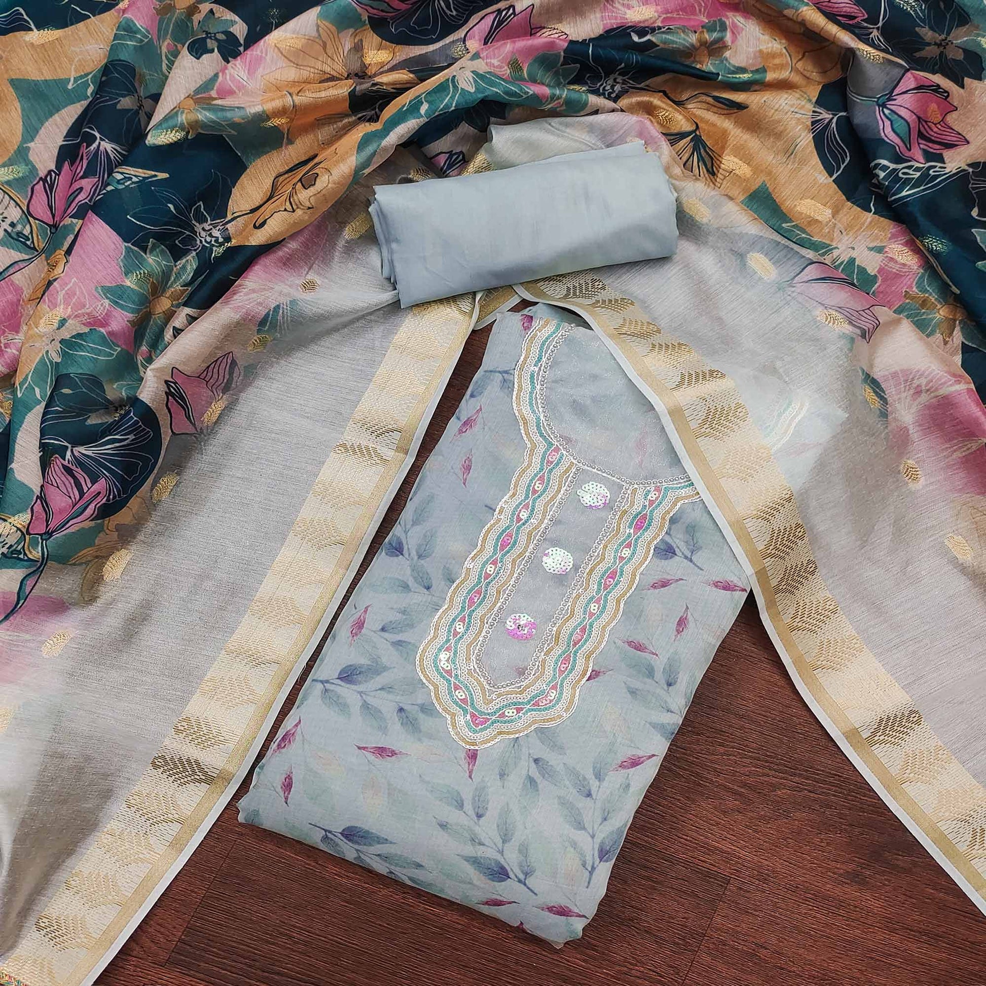 Grey Printed With Sequins Embroidered Chanderi Dress Material