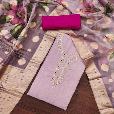 Light lavender Floral Digital Printed With Handwork Pure Cotton Dress Material