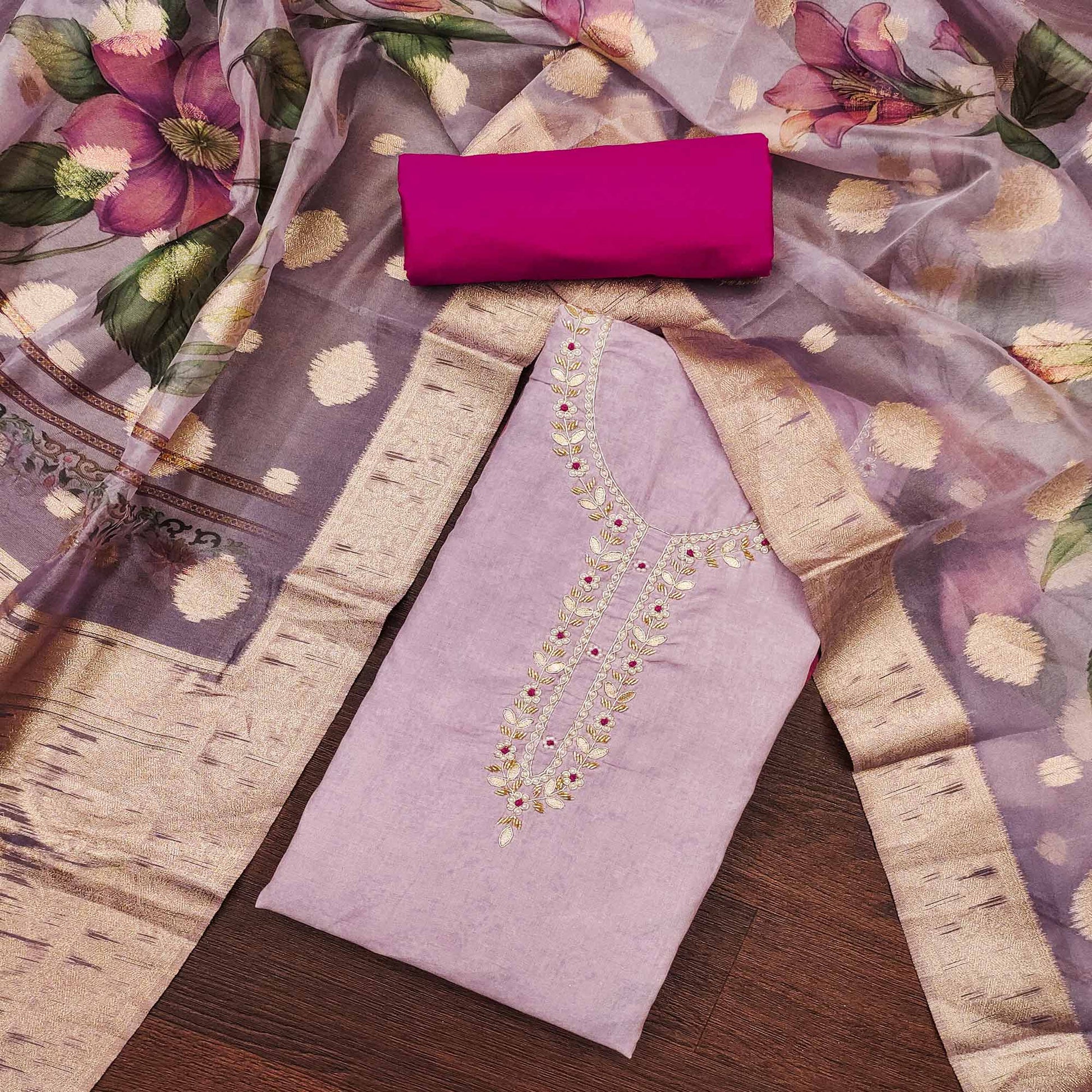 Light lavender Floral Digital Printed With Handwork Pure Cotton Dress Material