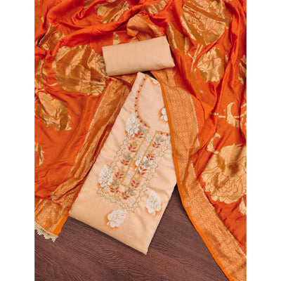 Light Peach Printed With Hand Embroidery Chanderi Dress Material