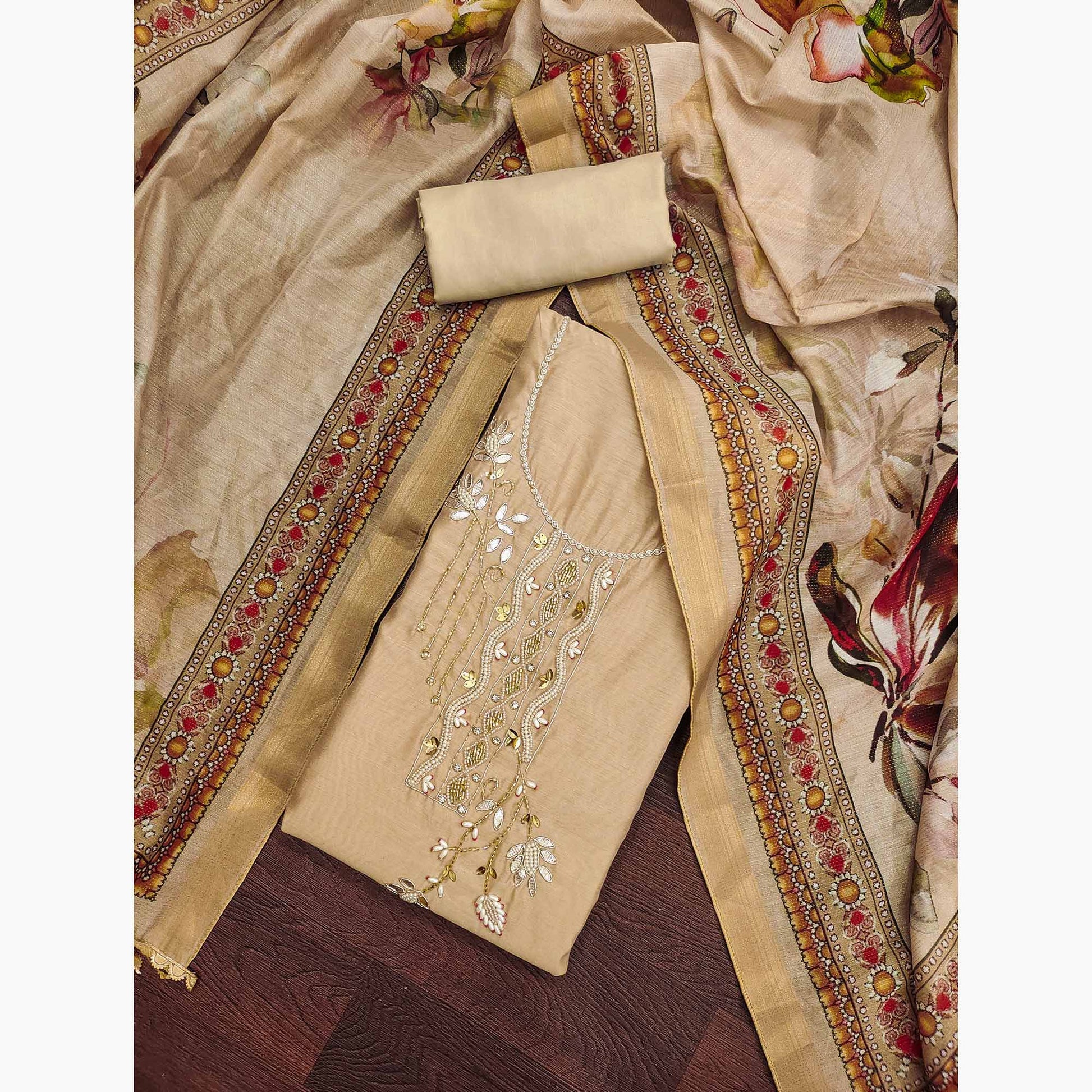 Chikoo Floral Hand Embroidery Chanderi Dress Material