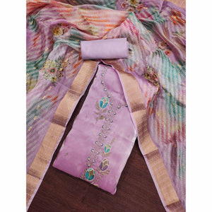Light Purple Floral Embroidered Organza Silk Dress Material