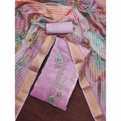 Light Purple Floral Embroidered Organza Silk Dress Material