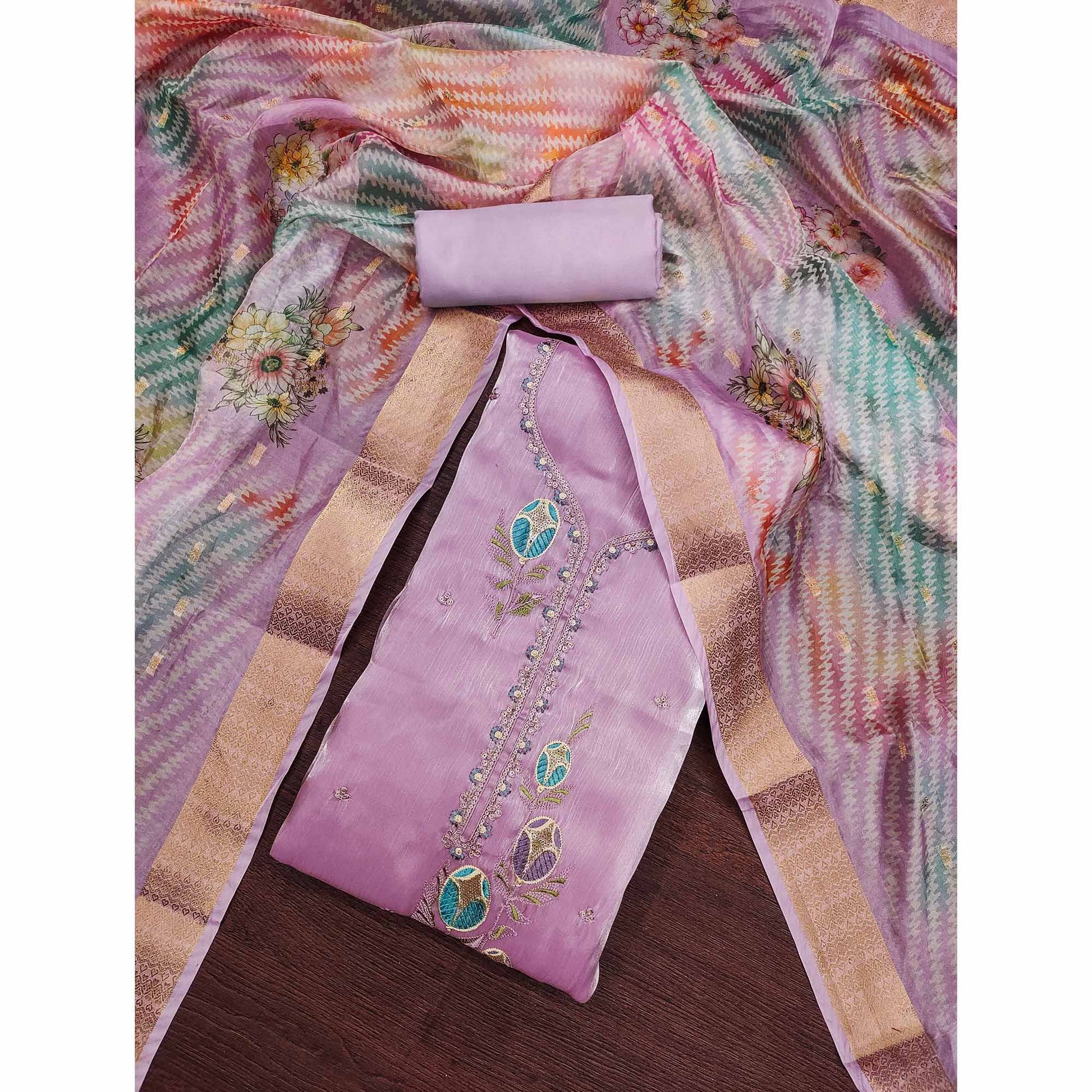 Light Purple Floral Embroidered Organza Silk Dress Material