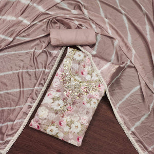 Dusty Peach Floral Digital Printed With Hand Embroidery Muslin Dress Material