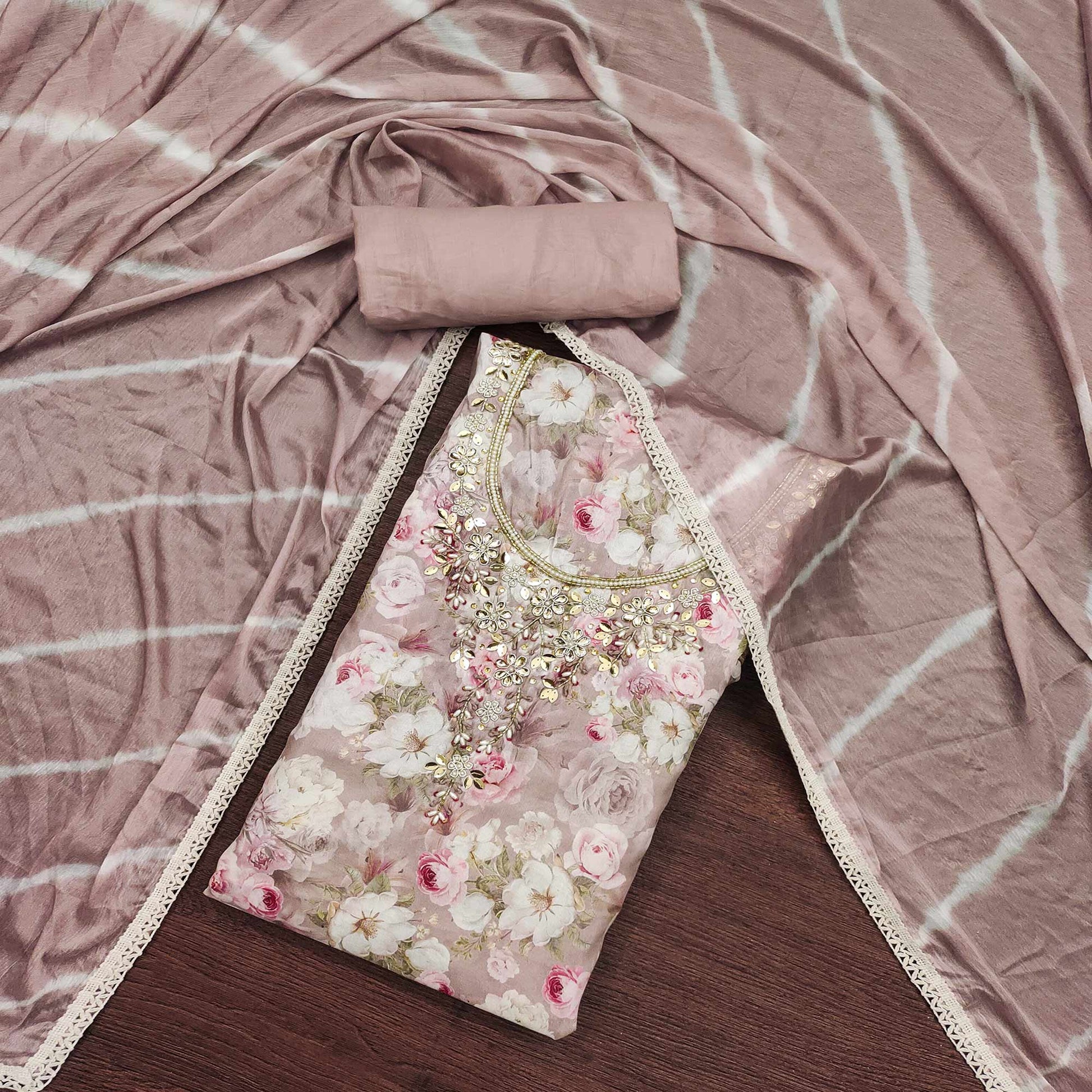 Dusty Peach Floral Digital Printed With Hand Embroidery Muslin Dress Material