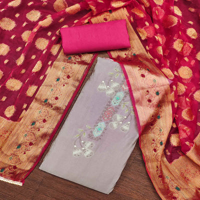 Light Purple Floral Embroidered Cotton Silk Dress Material