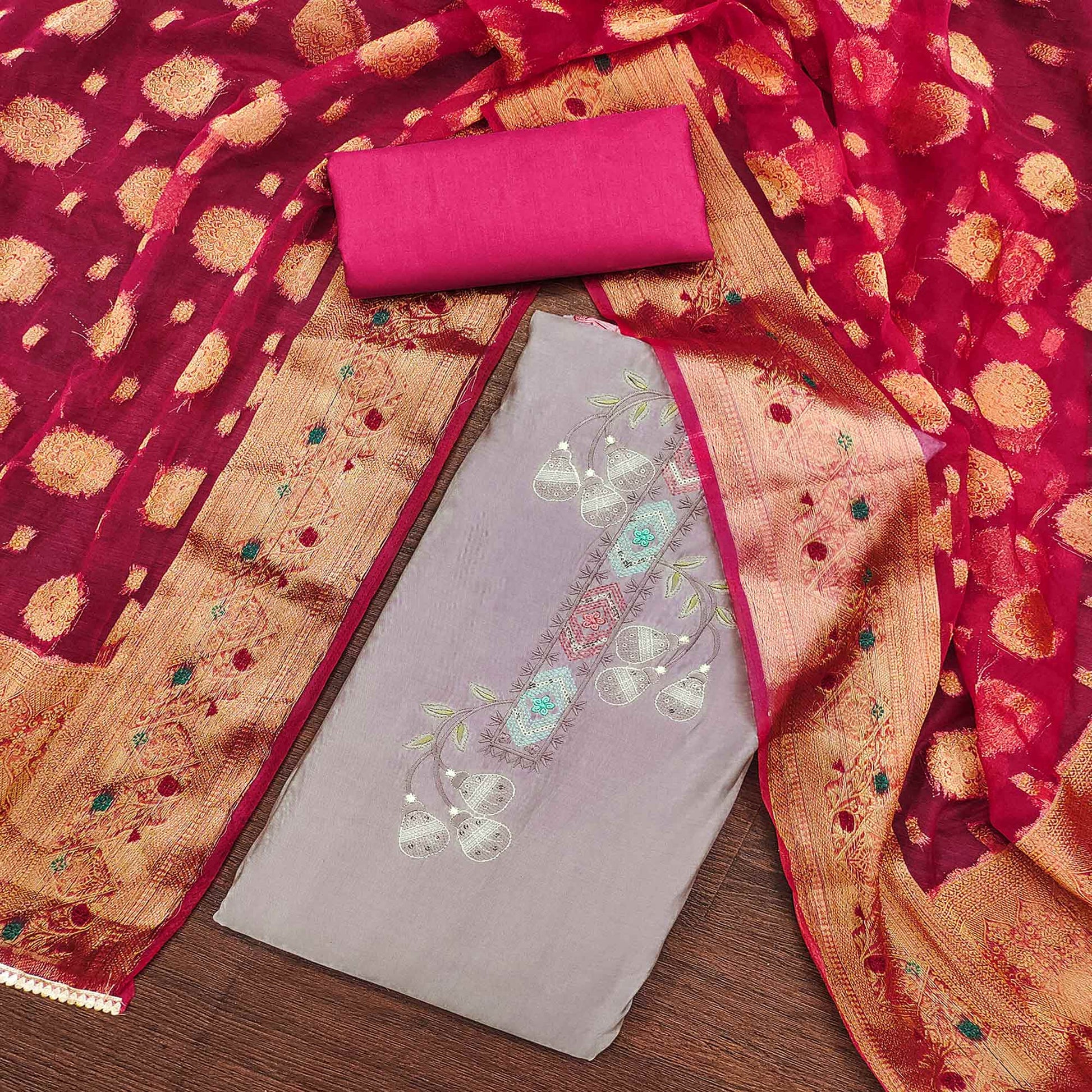 Light Purple Floral Embroidered Cotton Silk Dress Material