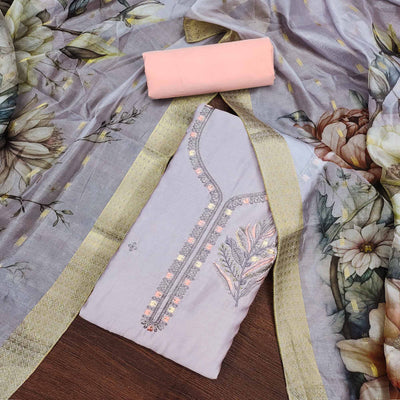 Light Purple Floral Embroidered Cotton Silk Dress Material