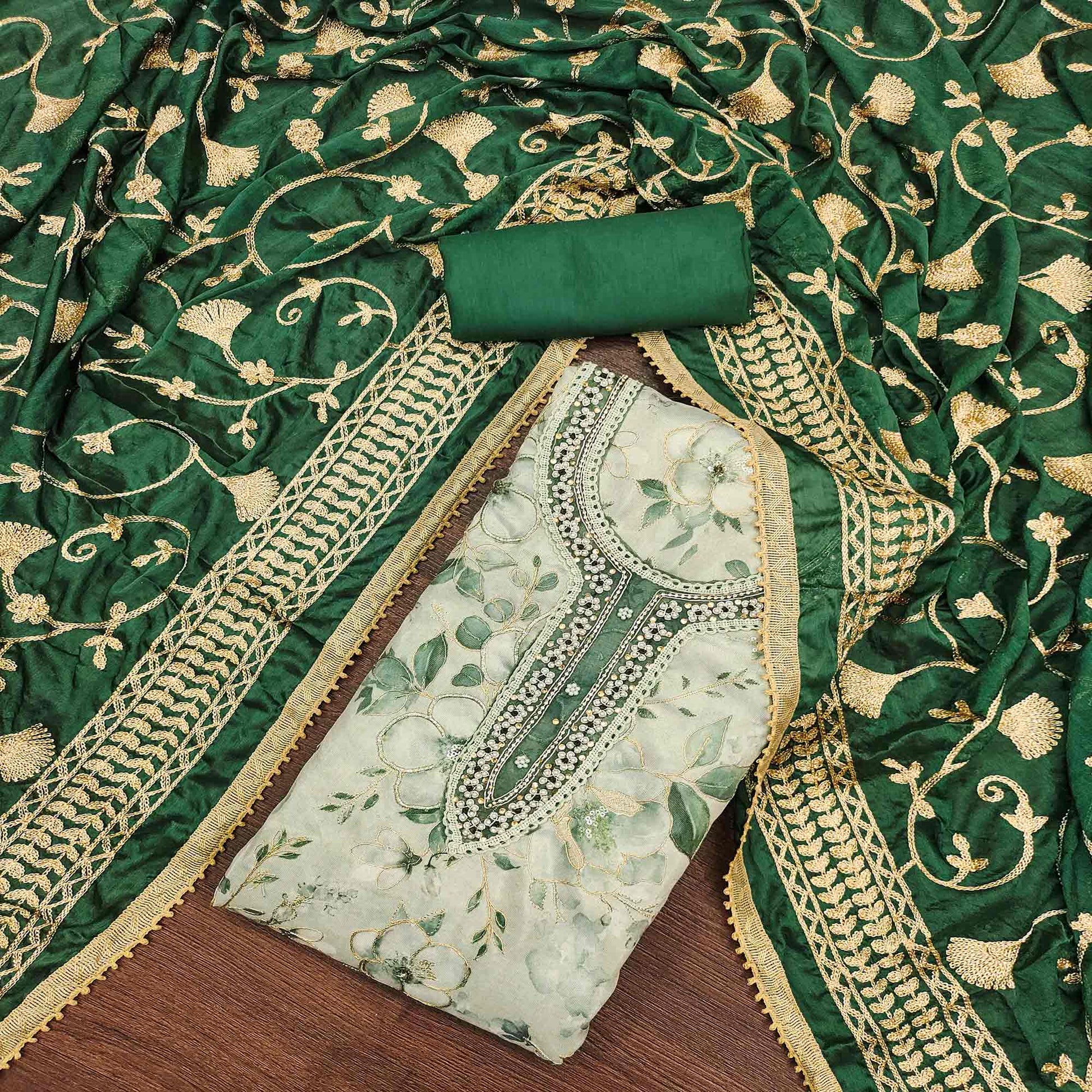 Bottle Green Floral Digital Printed With Hand Embroidery Viscose Dress Material