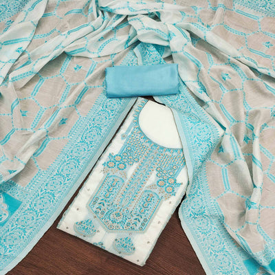Blue Woven With Stone Work Muslin Dress Material