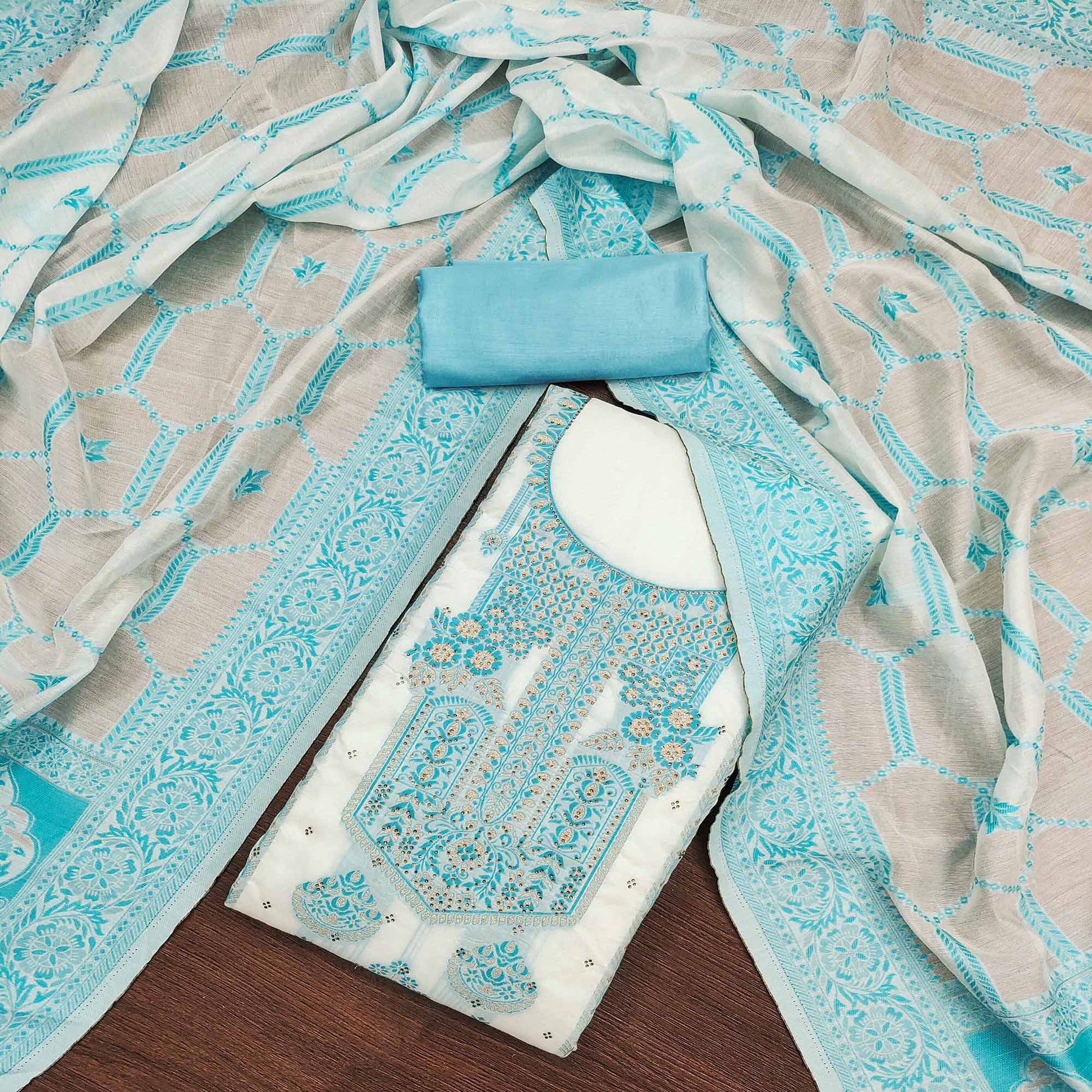 Blue Woven With Stone Work Muslin Dress Material