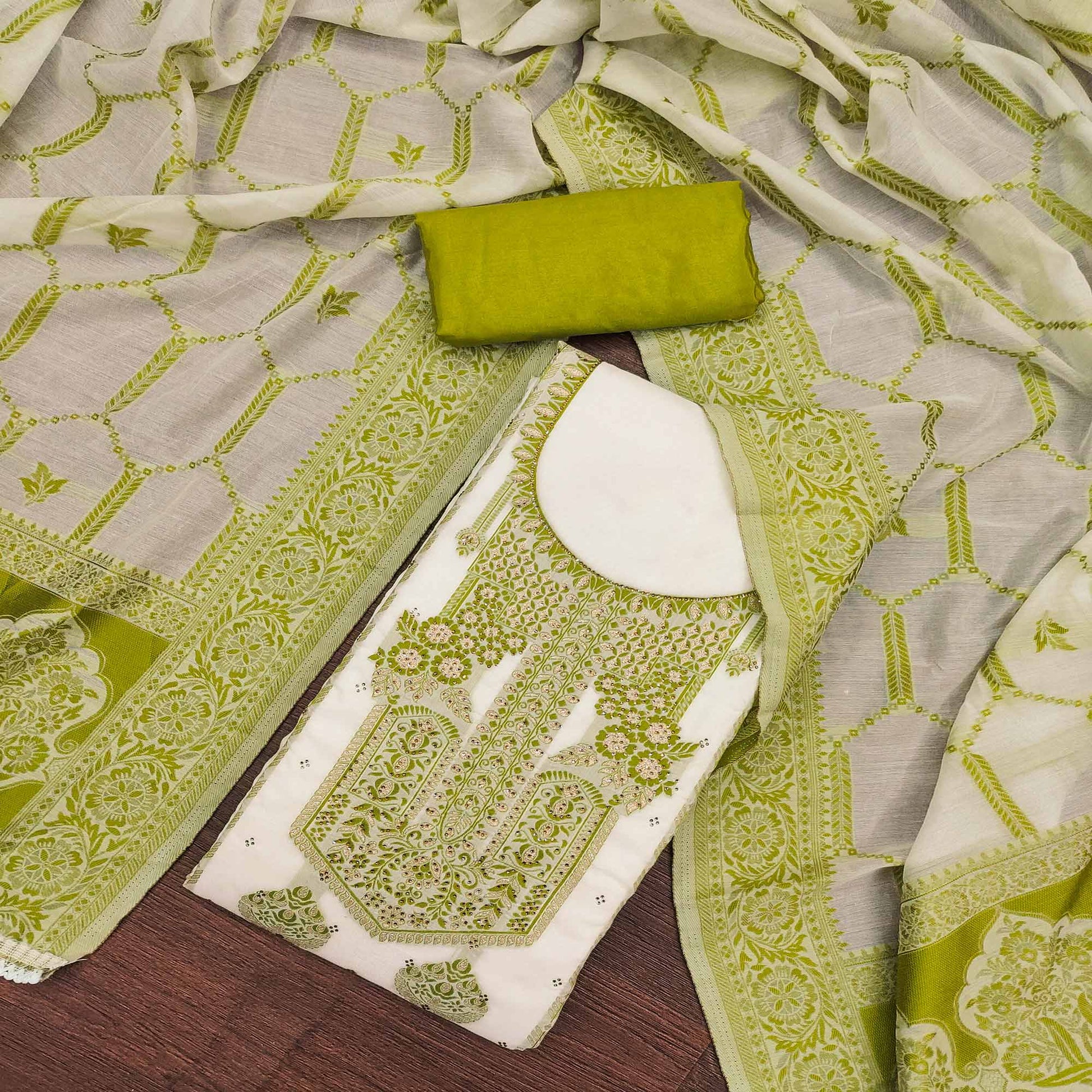 green-woven-with-stone-work-muslin-dress-material