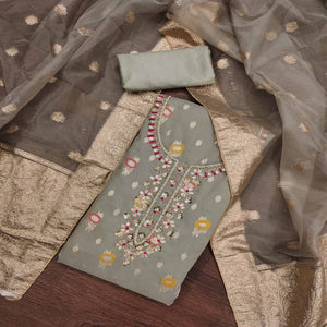 Grey Woven With Handwork Organza Dress Material