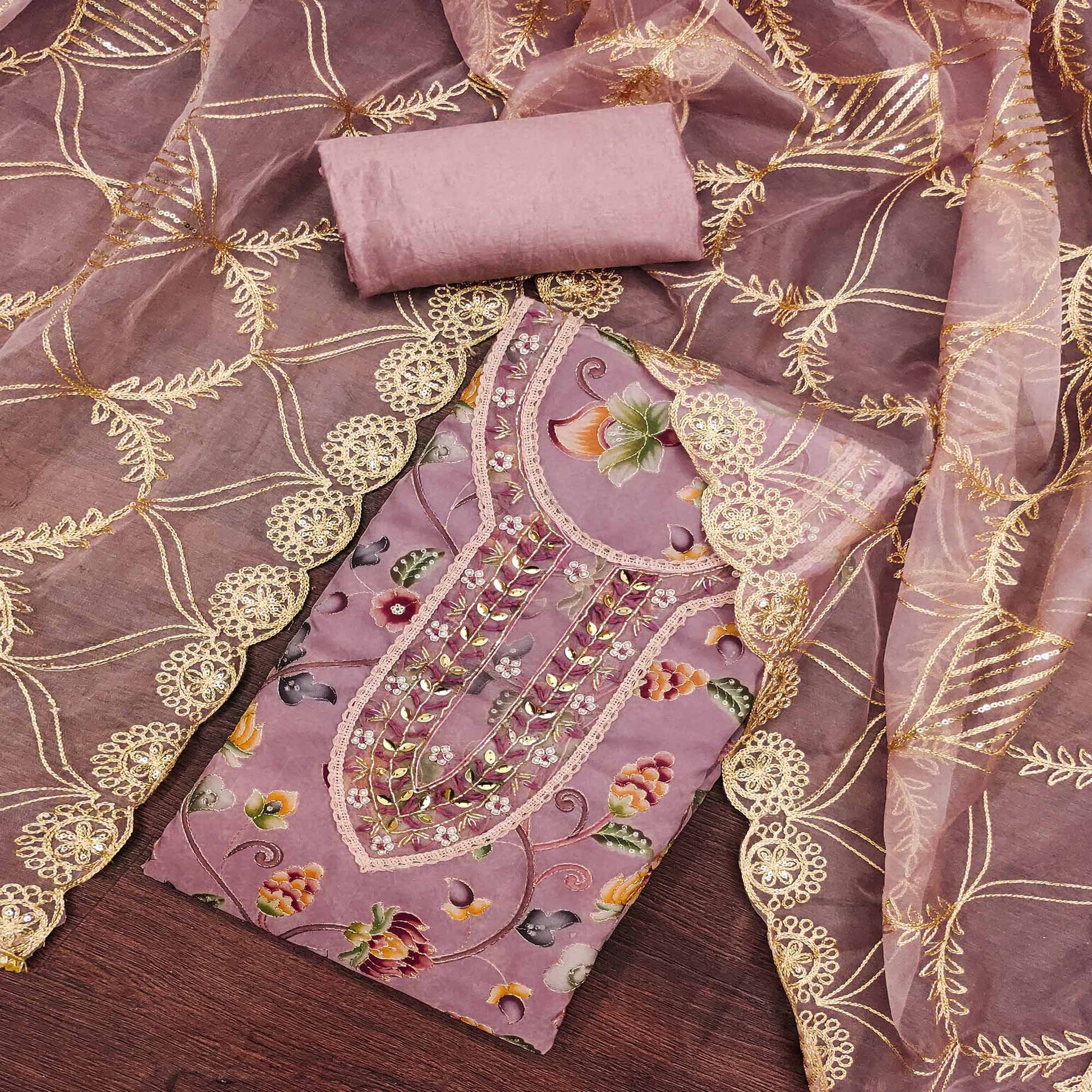 Mauve Floral Digital Printed With Hand Embroidery Organza Dress Material