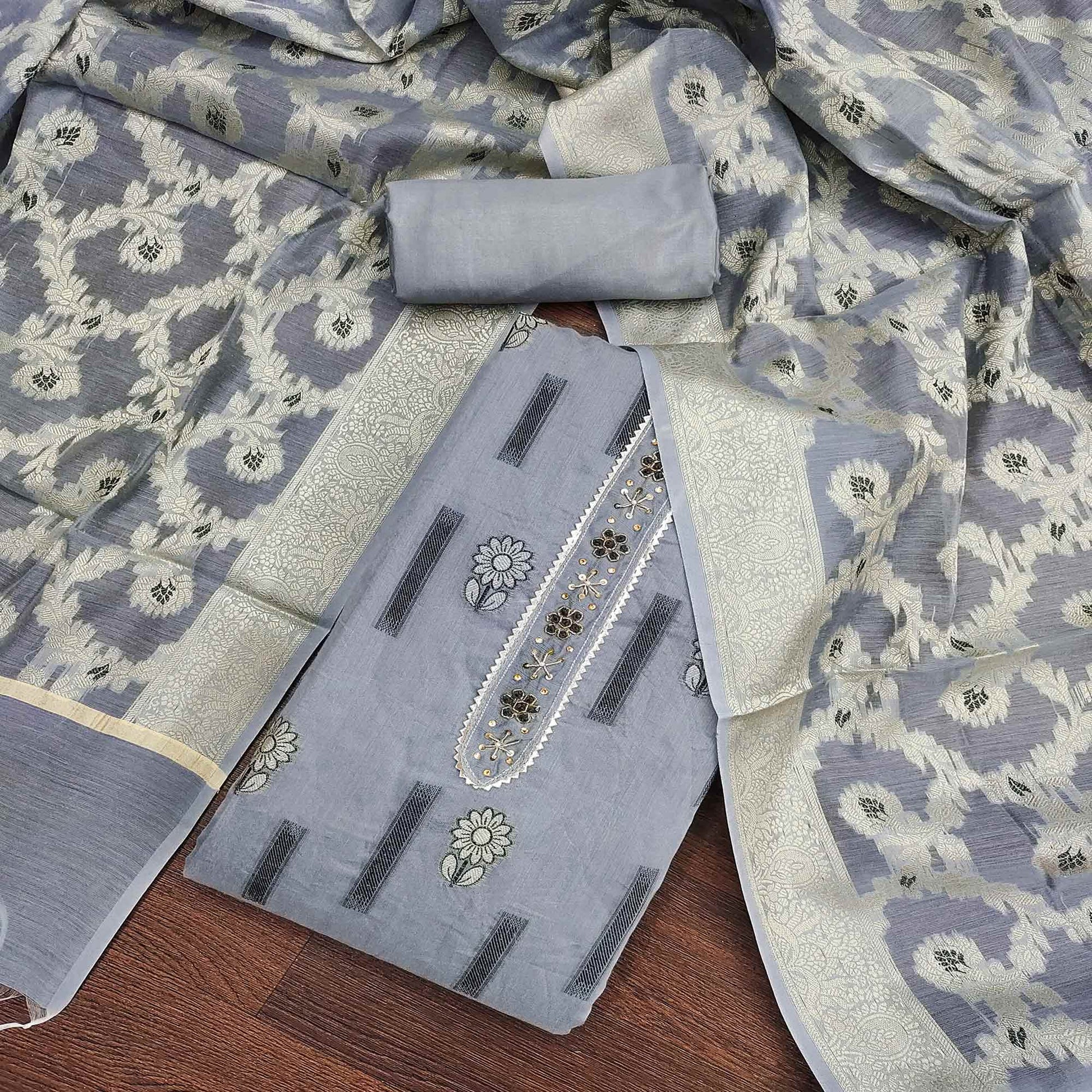 grey-floral-woven-with-handwork-chanderi-silk-dress-material