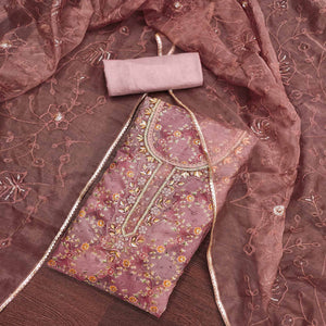 Mauve Floral Sequins Embroidery With Handwork Organza Dress Material