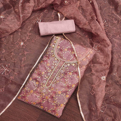 Mauve Floral Sequins Embroidery With Handwork Organza Dress Material