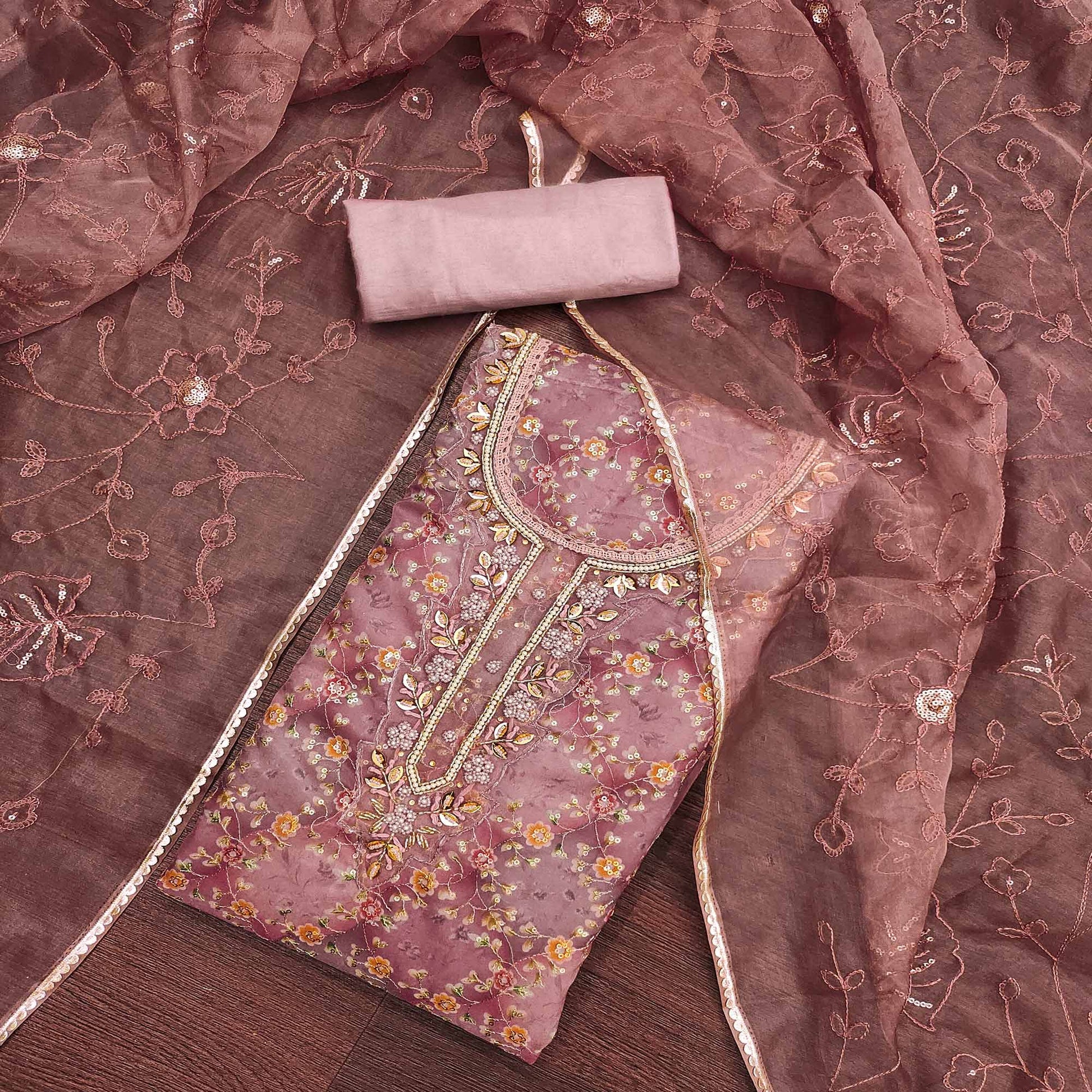 Mauve Floral Sequins Embroidery With Handwork Organza Dress Material