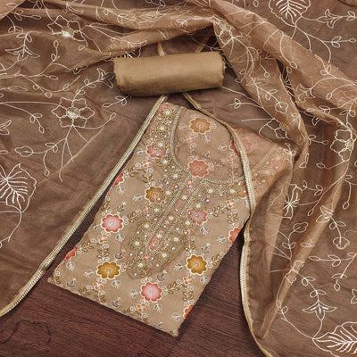 Brown Digital Printed With Hand Embroidered Organza Dress Material