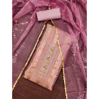 Mauve Sequins Hand Embroidery Organza Dress Material