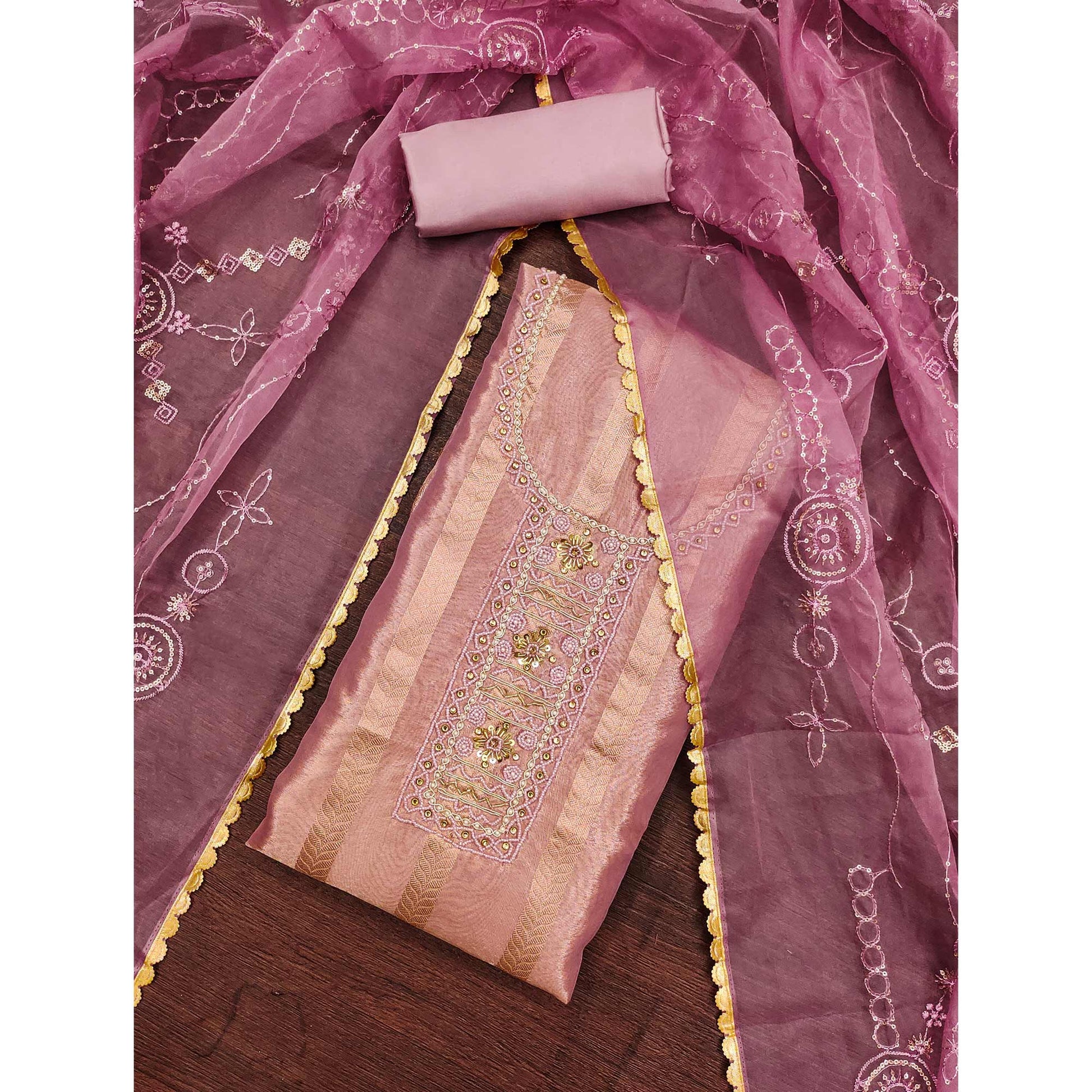 Mauve Sequins Hand Embroidery Organza Dress Material