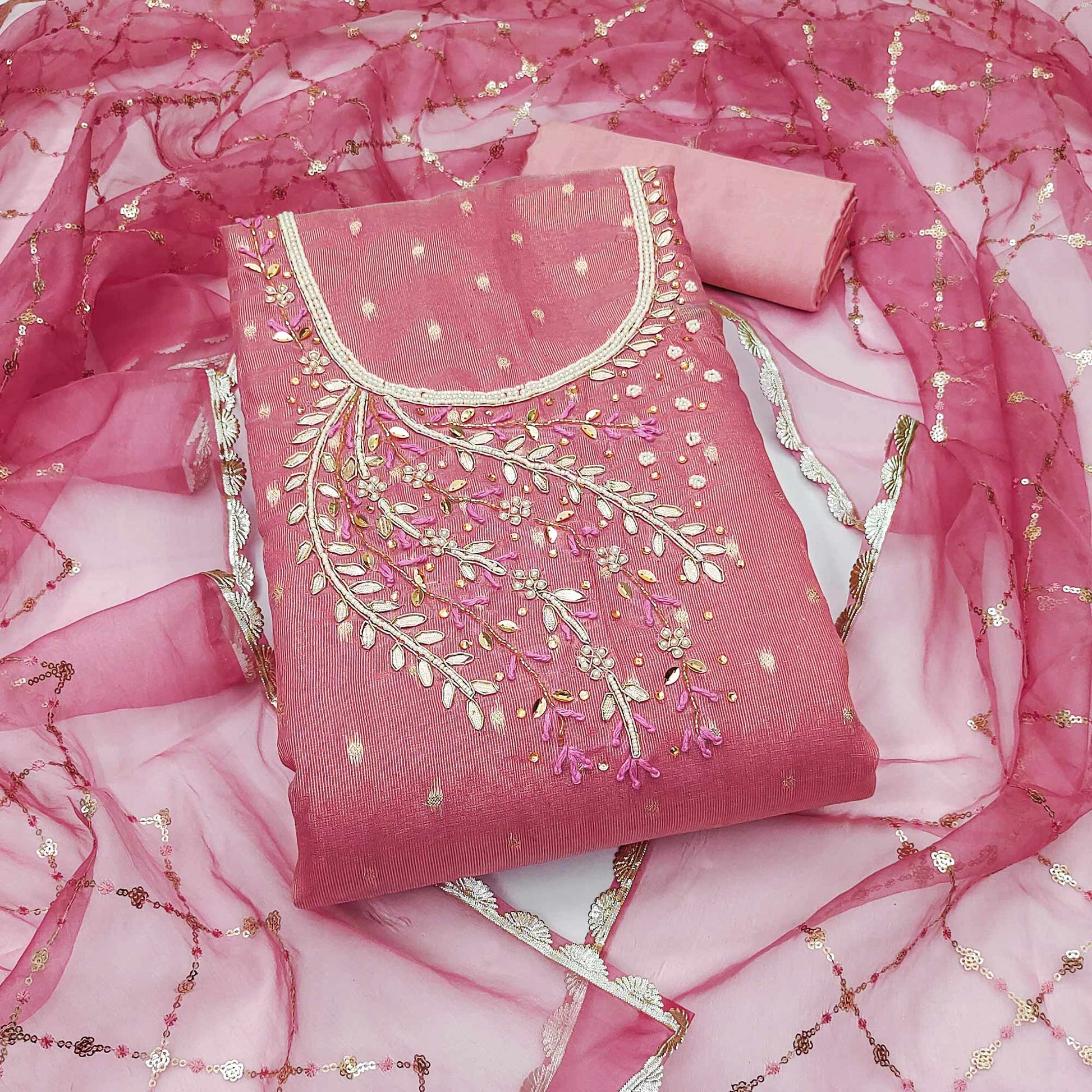 Gajari Pink Woven With Handwork Shimmer Banarasi Silk Material Material