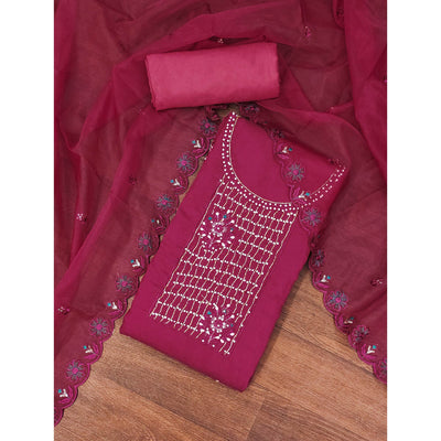 Magenta Floral Embroidery With Stonework Cotton Silk Dress Material
